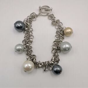Unbranded Faux Pearl Dangle Bracelet Toggle Clasp Grey Silver White Gold Neutral